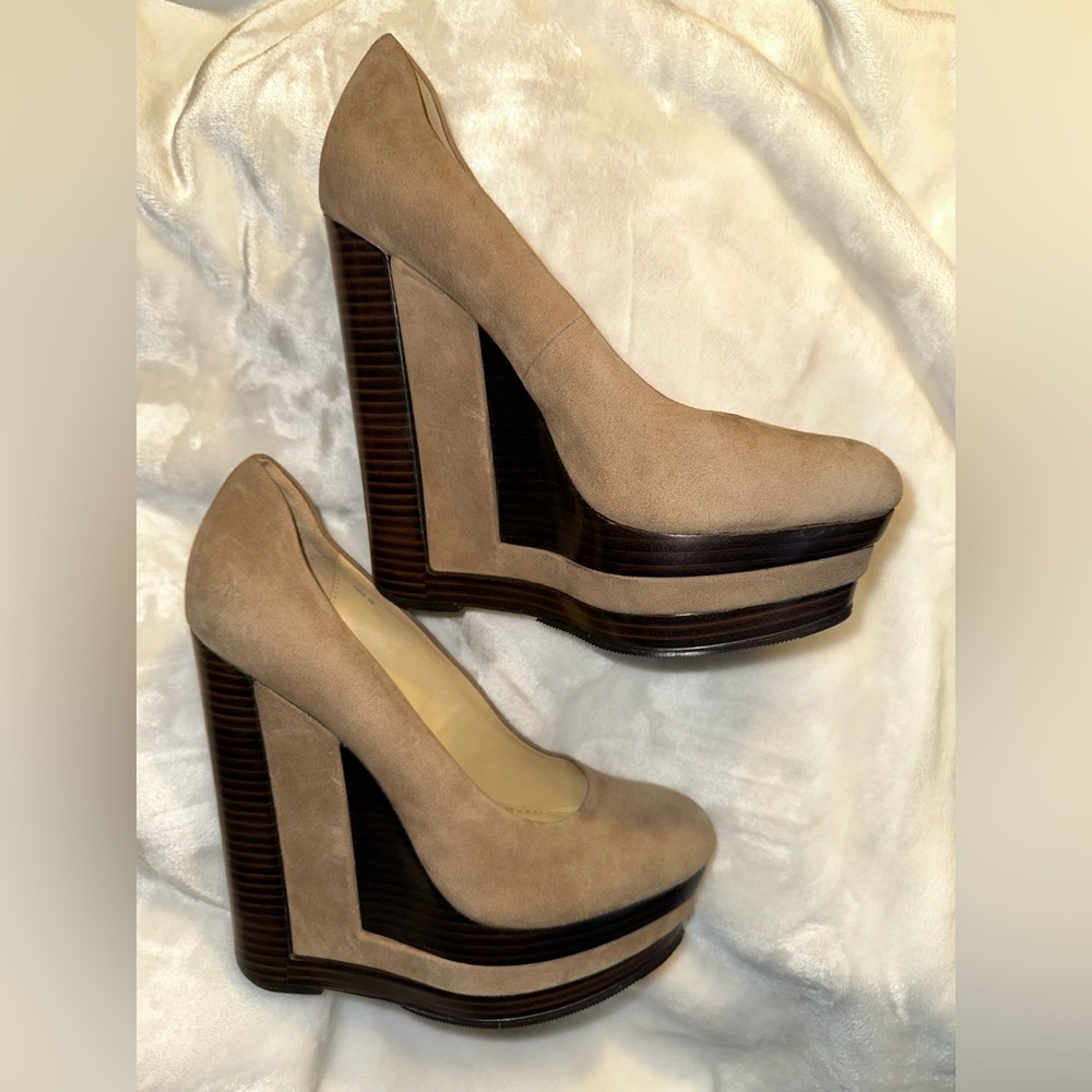 New Rachel Zoe Suede and Wood Tan Wedge Heels